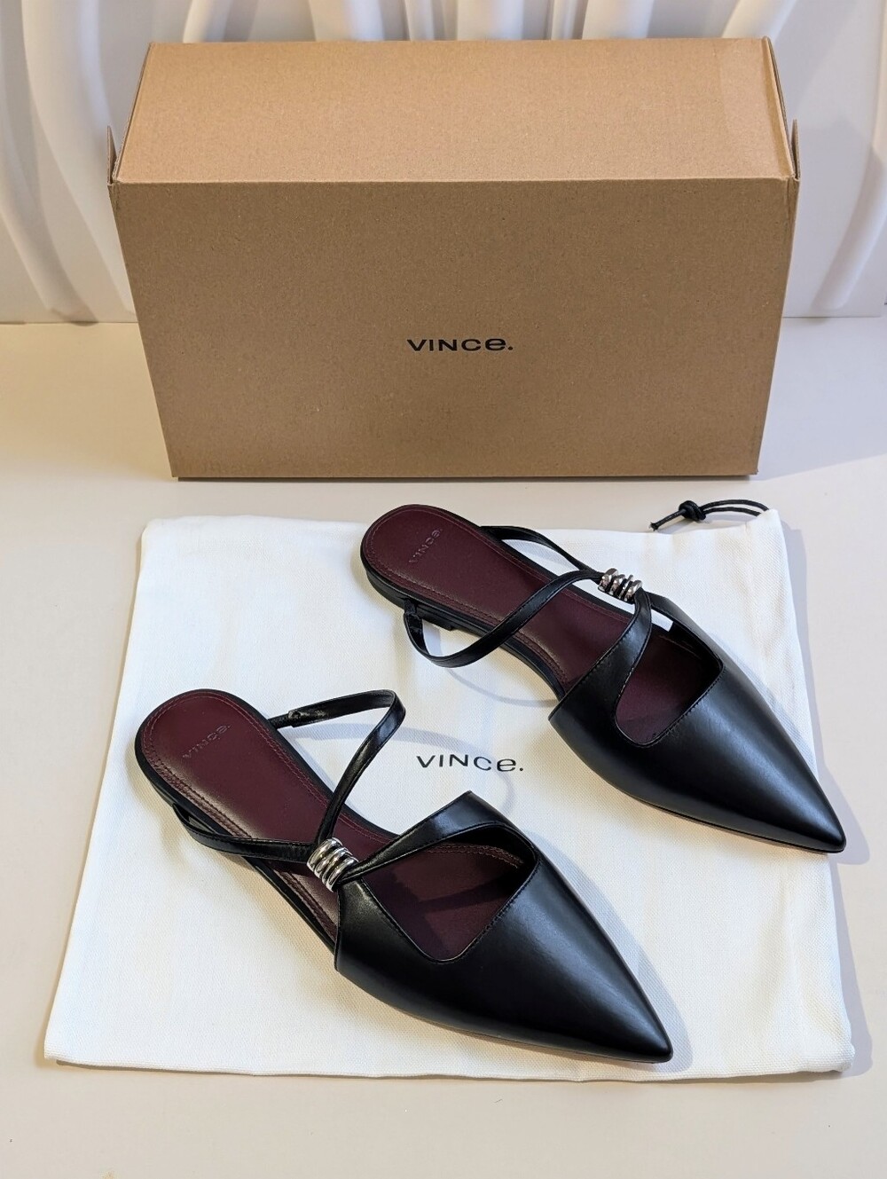 Vince Black Leather Pointed Toe Slingback Flats Silver Hardware NIB 8